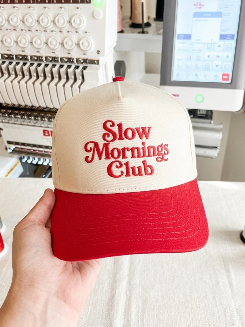 Slow Mornings Club Two-Tone Trucker Hat - Cream & Red